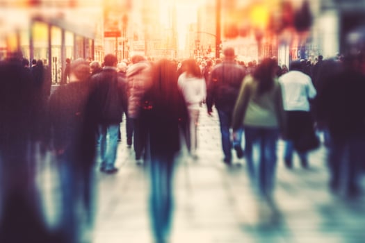 Blurred business people walking in the city scape. AI Generated photo