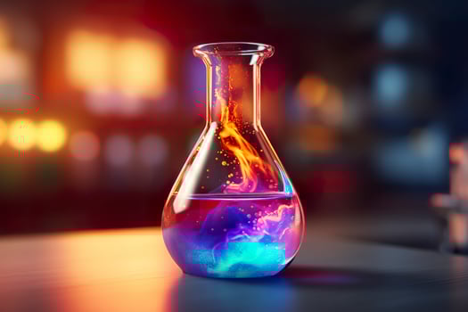 Close Up of a Science Beaker Filled with Multi Colored Liquids. AI Generative photo