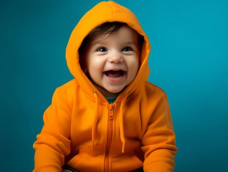 Adorable baby with vibrant clothing in a playful pose AI Generative photo