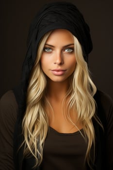 a beautiful blonde woman in a black hoodie generative ai photo
