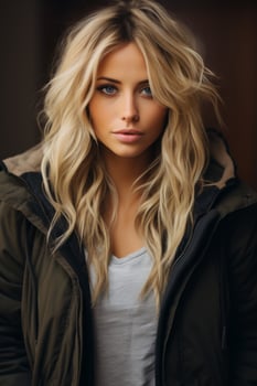 a beautiful blonde woman in a green jacket generative ai photo