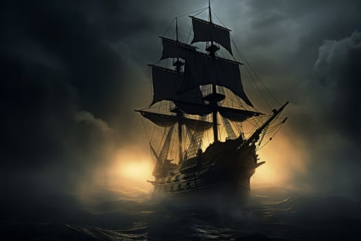 Pirate Ship Navigating Through Fog. Generative AI photo