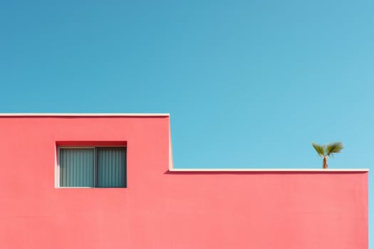 A pink building with a palm tree on top of it. Generative AI photo