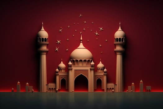 Large mosque building with a red background. Generative AI photo