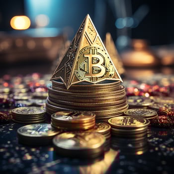 Bitcoins on the table, cryptocurrency background image, AI Generated photo