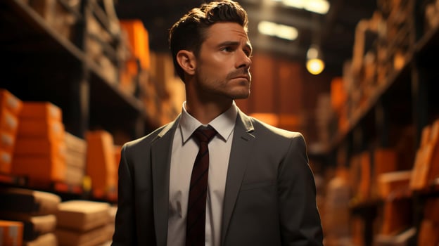 Handsome male businessman in a classic suit with a tie in the office. White collar office worker concept photo