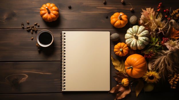 AI-Generated Orange pumpkins lie on a wooden table and a blank notepad with space for text for the holiday Halloween flat lay photo