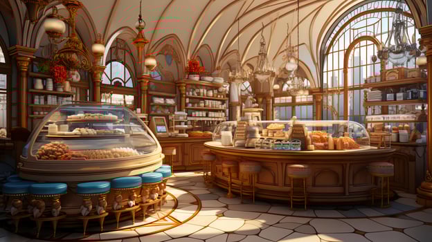 Bakery cafe interior with fresh pastries and cakes photo