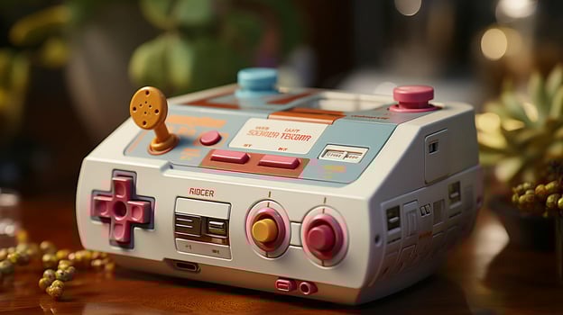 Old stylish vintage retro game console with video game joystick poster from 80s 90s photo