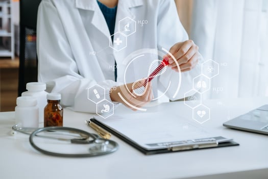 DNA molecule testing concepts. The doctor in a mask examines DNA molecules on the chemical laboratory with virtual icon screen photo