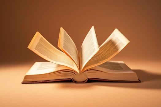 Overhead view of open book with empty blank white pages. Notebook composition for catalog, magazines concept by AI Generated photo