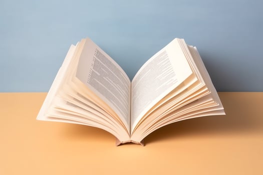 Overhead view of open book with empty blank white pages. Notebook composition for catalog, magazines concept by AI Generated photo