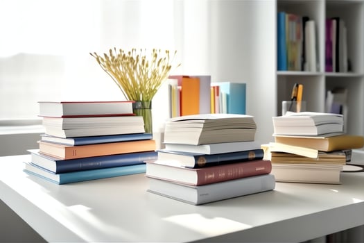 A book pile close up on a study desk. Front view pile book. For festival of world book day, national book day or national education day. Stack of colorful books on study table by AI Generated photo