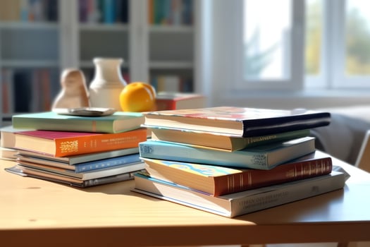 A book pile close up on a study desk. Front view pile book. For festival of world book day, national book day or national education day. Stack of colorful books on study table by AI Generated photo