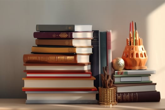A book pile close up on a study desk. Front view pile book. For festival of world book day, national book day or national education day. Stack of colorful books on study table by AI Generated photo