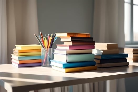 A book pile close up on a study desk. Front view pile book. For festival of world book day, national book day or national education day. Stack of colorful books on study table by AI Generated photo