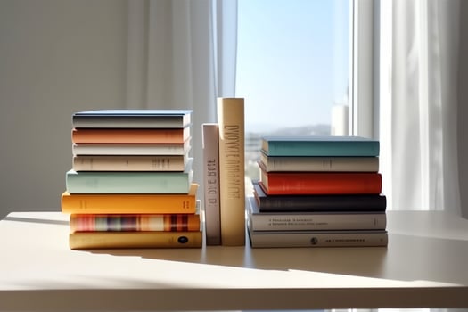 A book pile close up on a study desk. Front view pile book. For festival of world book day, national book day or national education day. Stack of colorful books on study table by AI Generated photo