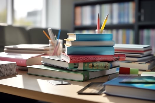 A book pile close up on a study desk. Front view pile book. For festival of world book day, national book day or national education day. Stack of colorful books on study table by AI Generated photo