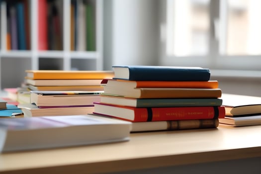 A book pile close up on a study desk. Front view pile book. For festival of world book day, national book day or national education day. Stack of colorful books on study table by AI Generated photo