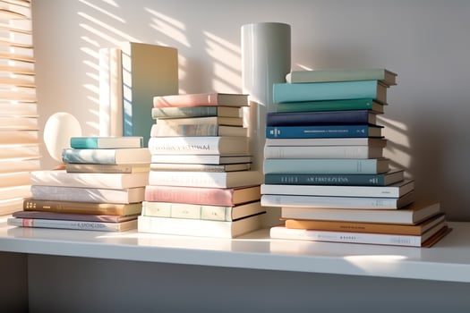 A book pile close up on a study desk. Front view pile book. For festival of world book day, national book day or national education day. Stack of colorful books on study table by AI Generated photo