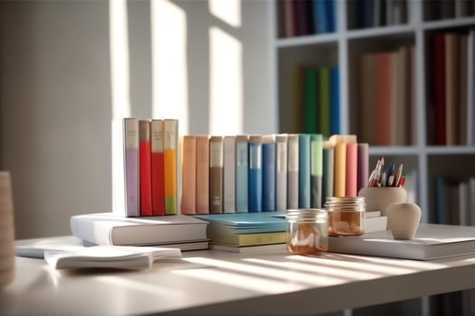A book pile close up on a study desk. Front view pile book. For festival of world book day, national book day or national education day. Stack of colorful books on study table by AI Generated photo