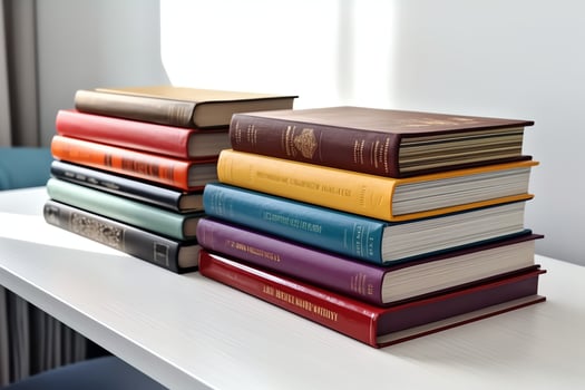 A book pile close up on a study desk. Front view pile book. For festival of world book day, national book day or national education day. Stack of colorful books on study table by AI Generated photo