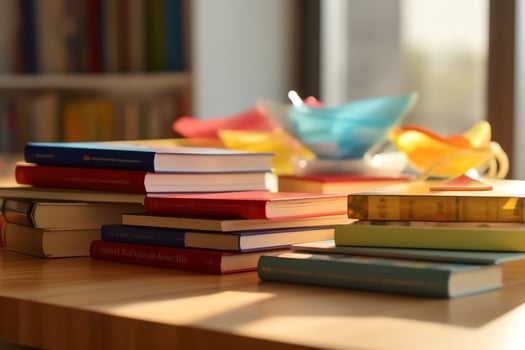 A book pile close up on a study desk. Front view pile book. For festival of world book day, national book day or national education day. Stack of colorful books on study table by AI Generated photo
