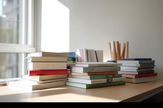 A book pile close up on a study desk. Front view pile book. For festival of world book day, national book day or national education day. Stack of colorful books on study table by AI Generated photo
