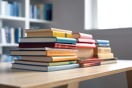 A book pile close up on a study desk. Front view pile book. For festival of world book day, national book day or national education day. Stack of colorful books on study table by AI Generated photo