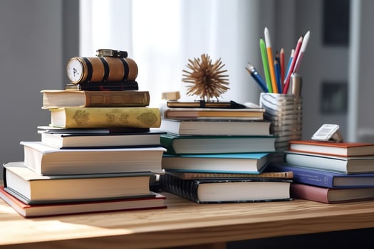 A book pile close up on a study desk. Front view pile book. For festival of world book day, national book day or national education day. Stack of colorful books on study table by AI Generated photo
