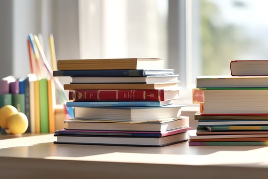 A book pile close up on a study desk. Front view pile book. For festival of world book day, national book day or national education day. Stack of colorful books on study table by AI Generated photo