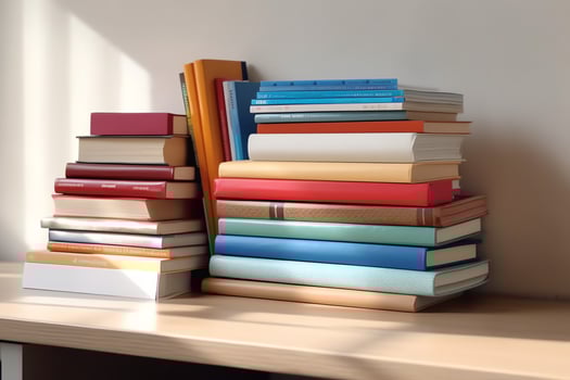 A book pile close up on a study desk. Front view pile book. For festival of world book day, national book day or national education day. Stack of colorful books on study table by AI Generated photo
