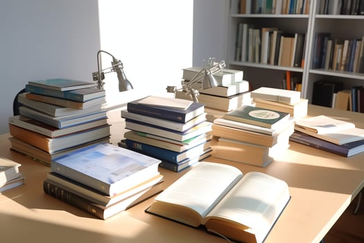 A book pile close up on a study desk. Front view pile book. For festival of world book day, national book day or national education day. Stack of colorful books on study table by AI Generated photo