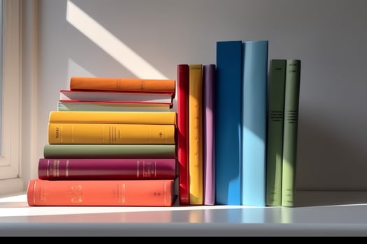 A book pile close up on a study desk. Front view pile book. For festival of world book day, national book day or national education day. Stack of colorful books on study table by AI Generated photo