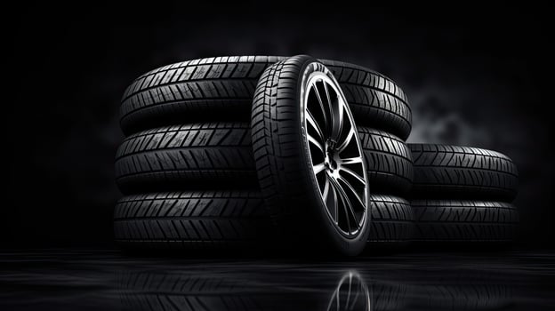 car tires on black background with light and shadow. Generative AI photo