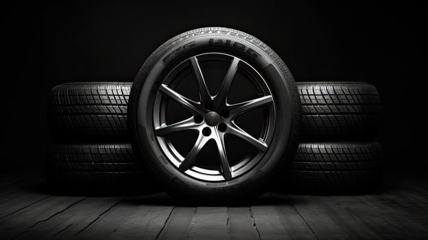 car tires on black background with light and shadow. Generative AI photo
