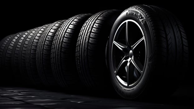 car tires on black background with light and shadow. Generative AI photo