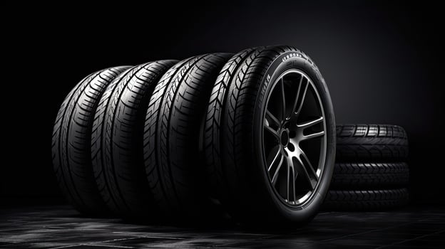 car tires on black background with light and shadow. Generative AI photo
