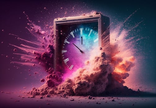 time concept Silhouette of hourglass and old vintage wooden clock with arrows and smoke on dark background and symbol of time. photo