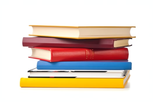 A book pile close up on a table. Front view pile book. For festival of world book day, national book day or national education day. Stack of colorful books on white background by AI Generated photo