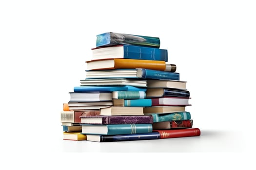 A book pile close up on a table. Front view pile book. For festival of world book day, national book day or national education day. Stack of colorful books on white background by AI Generated photo