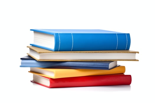 A book pile close up on a table. Front view pile book. For festival of world book day, national book day or national education day. Stack of colorful books on white background by AI Generated photo