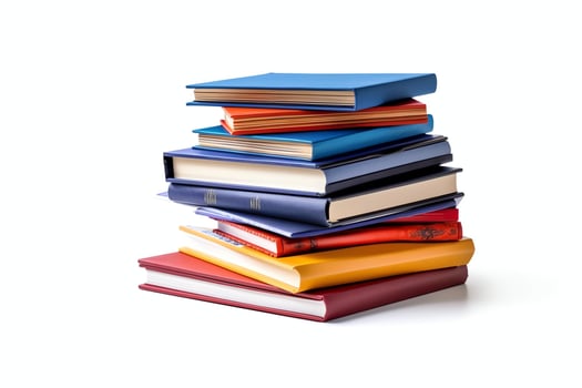 A book pile close up on a table. Front view pile book. For festival of world book day, national book day or national education day. Stack of colorful books on white background by AI Generated photo