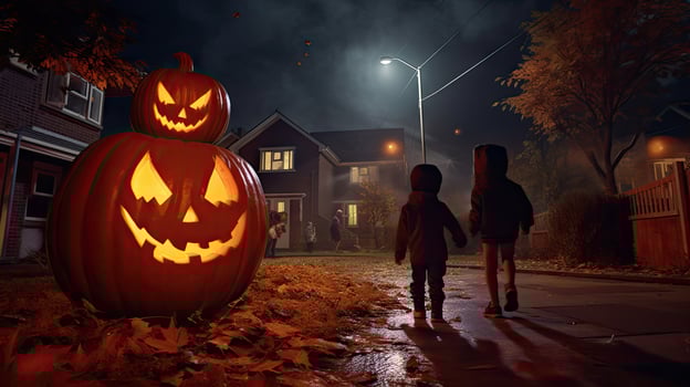 Group of children dressed up for Halloween, 3 children having fun on Halloween photo