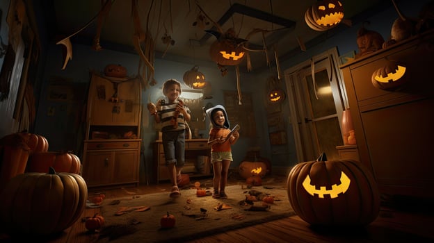 Group of children dressed up for Halloween, 3 children having fun on Halloween photo