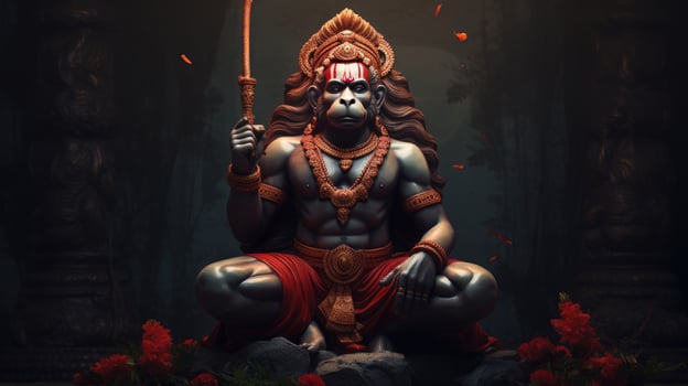 3D illustration of the Indian god Hanuman with a floral background surrounding it. photo
