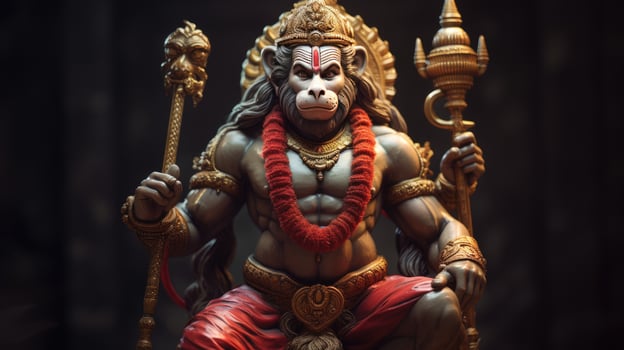 3D illustration of the Indian god Hanuman with a floral background surrounding it. photo