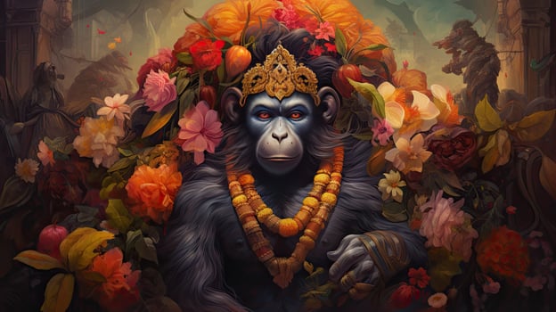 3D illustration of the Indian god Hanuman with a floral background surrounding it. photo