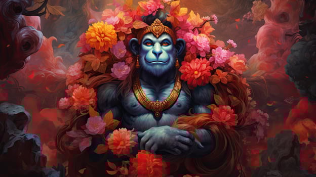 3D illustration of the Indian god Hanuman with a floral background surrounding it. photo