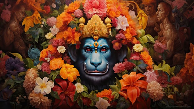3D illustration of the Indian god Hanuman with a floral background surrounding it. photo